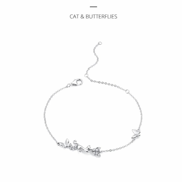 Cat & Butterflies Link Chain Bracelet for Women 925 Sterling Silver Bracelet - Picture 5 of 10